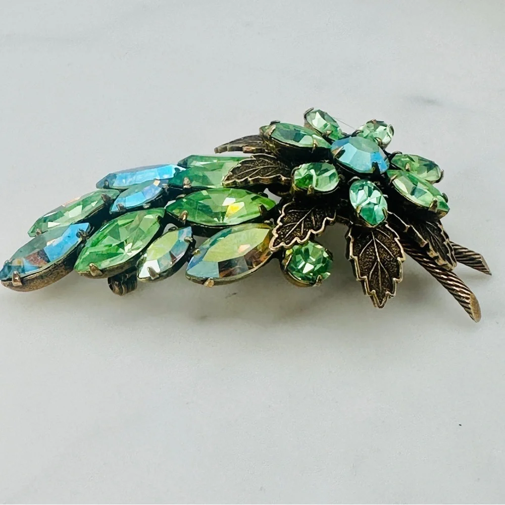 Vintage Signed Regency Brooch Pin Green Blue AB Navette Rhinestone Rare 50s 60s